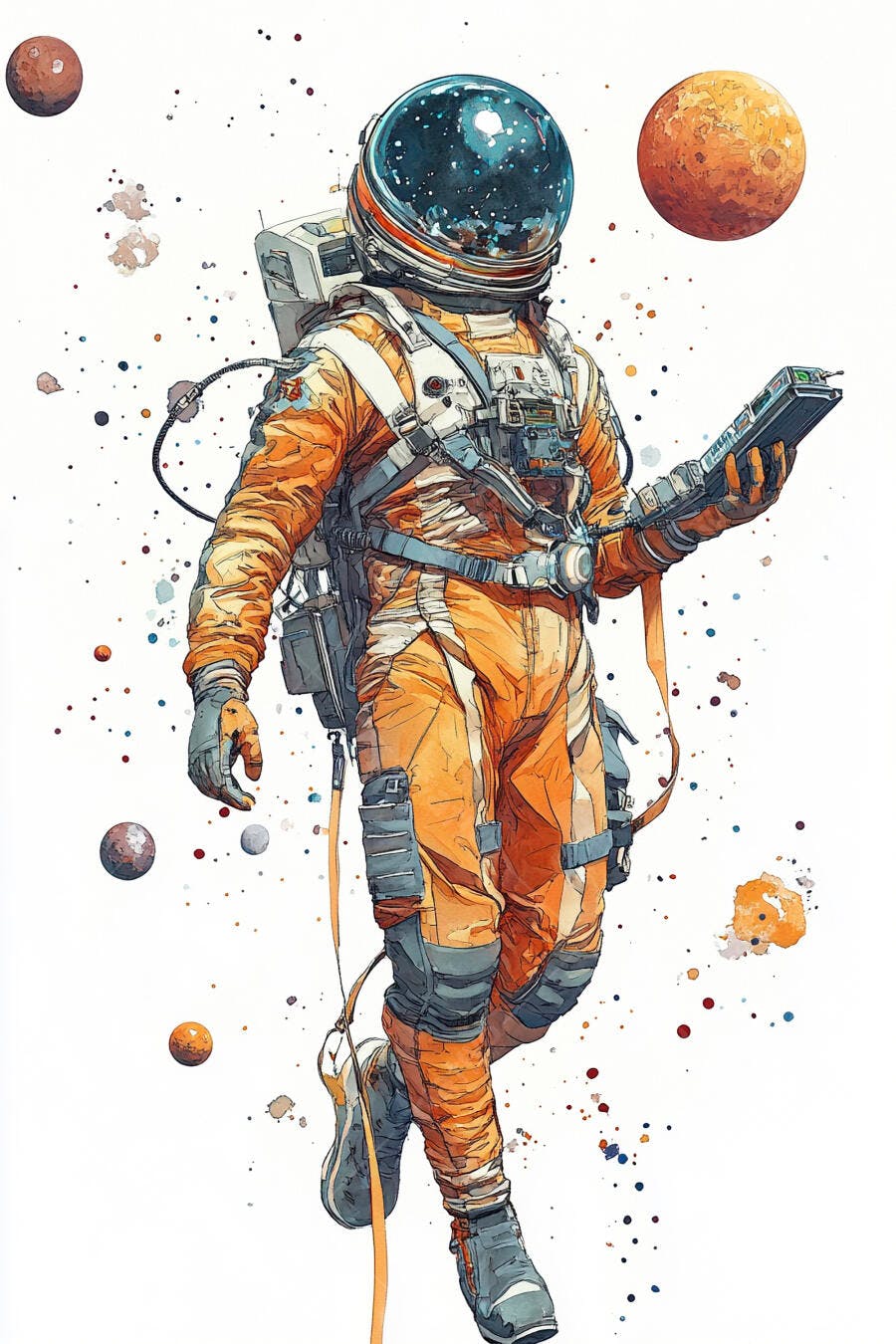 Astronauta laranja flutuando no espaço com planetas e tablet