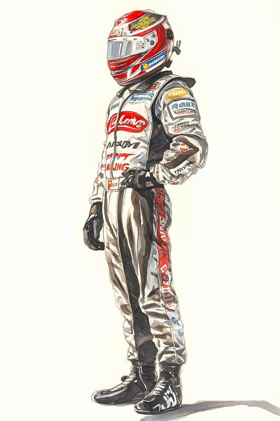 Piloto de corrida capacete vermelho macacão branco ilustração aquarela