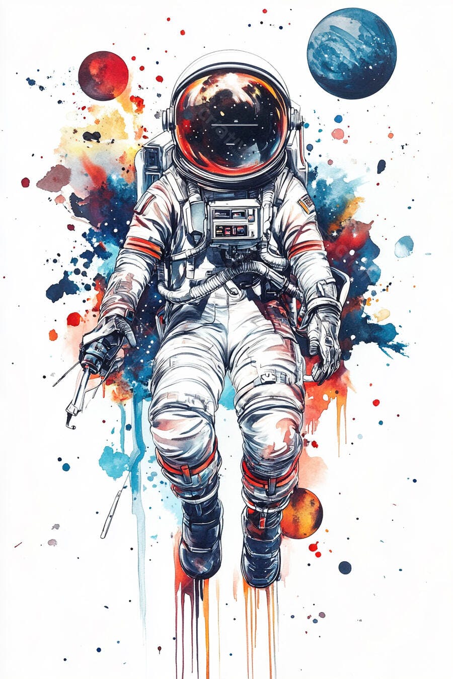 Astronauta em traje espacial branco e vermelho flutuando no espaço ilustração aquarela