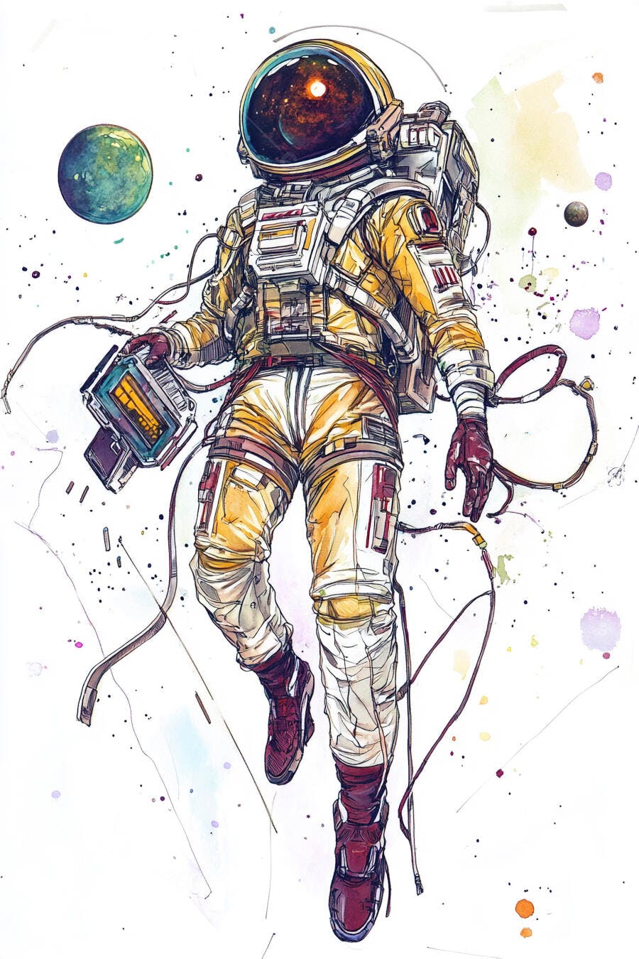Astronauta em traje amarelo flutuando no espaço com planetas e arte aquarela