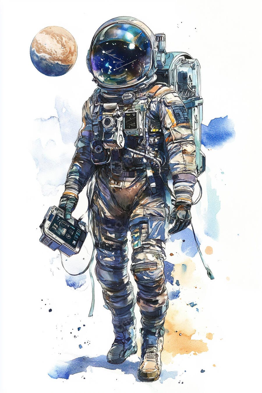 Astronauta em traje espacial azul e cinza com planeta flutuante arte aquarela