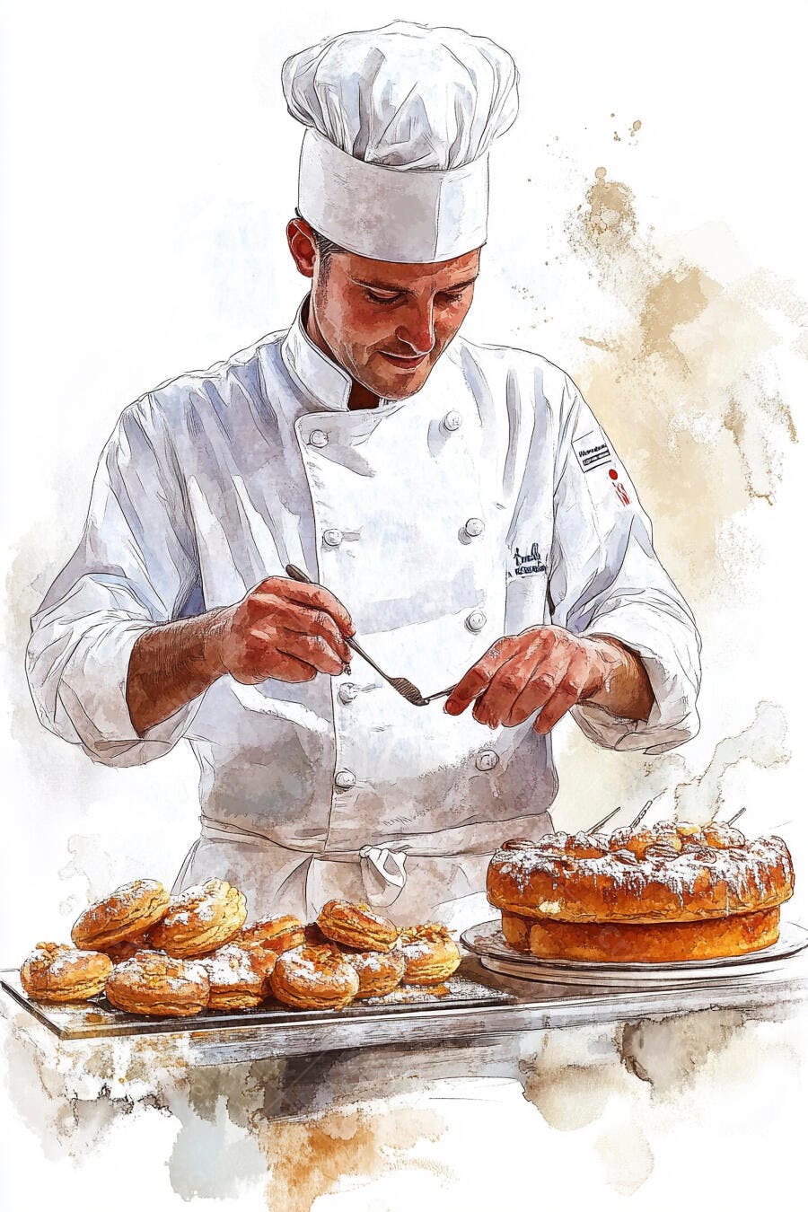 Chef confeiteiro decorando doces franceses com açúcar em cozinha