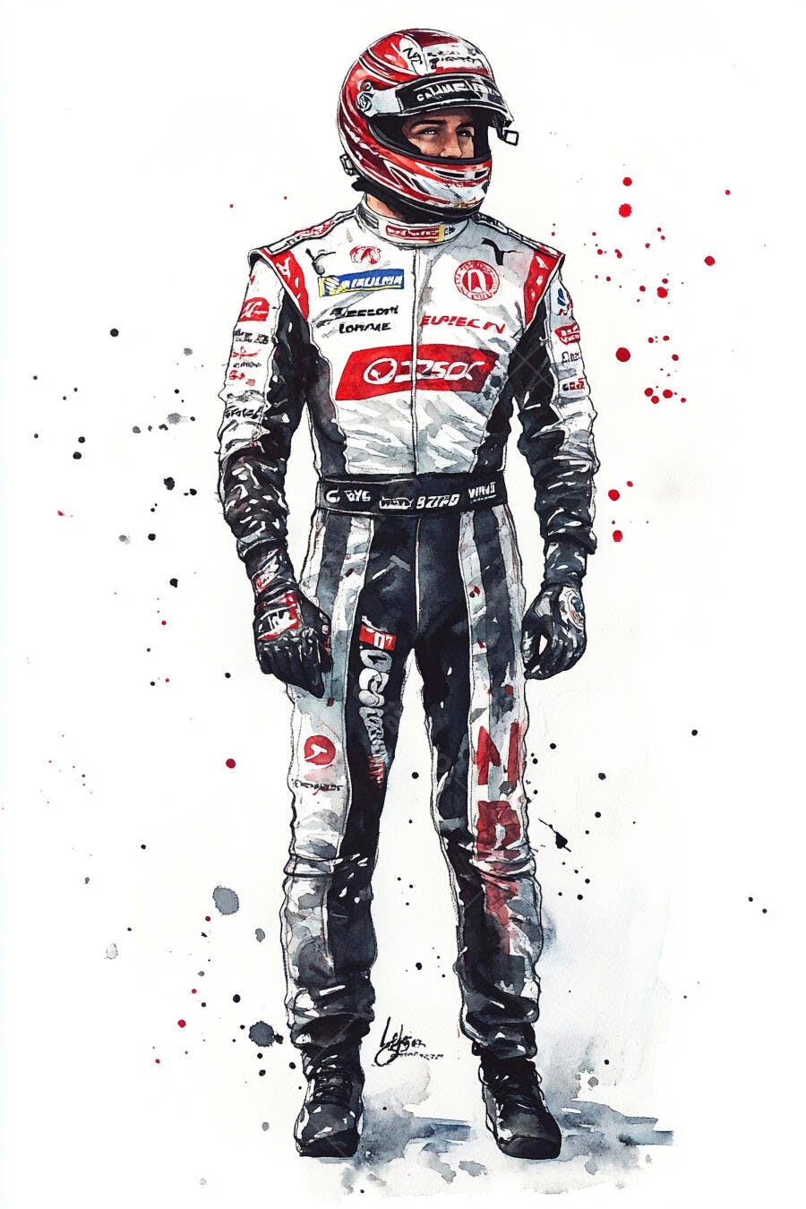 Piloto de corrida homem caucasiano com capacete vermelho e macacão branco preto em aquarela