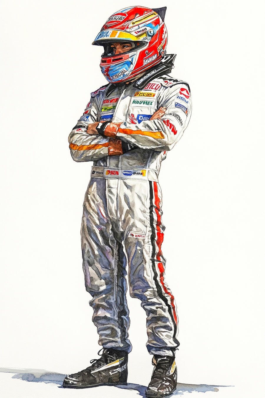 Piloto de corrida profissional com capacete vermelho e macacão branco em aquarela
