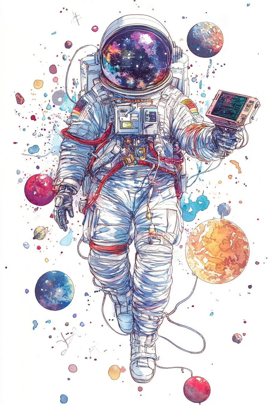 Astronauta em traje branco com capacete de galáxia segurando tablet entre planetas aquarela