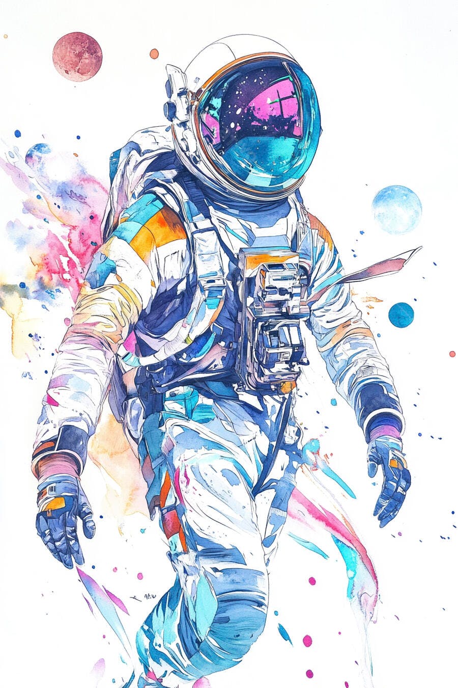 Astronauta em traje espacial branco com respingos coloridos e planetas flutuando