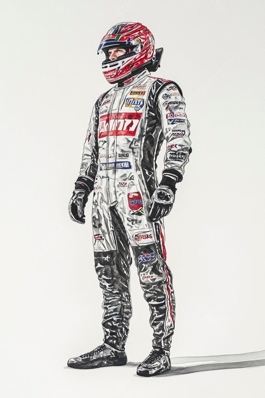 Ilustração de piloto de corrida masculino em macacão branco e capacete colorido