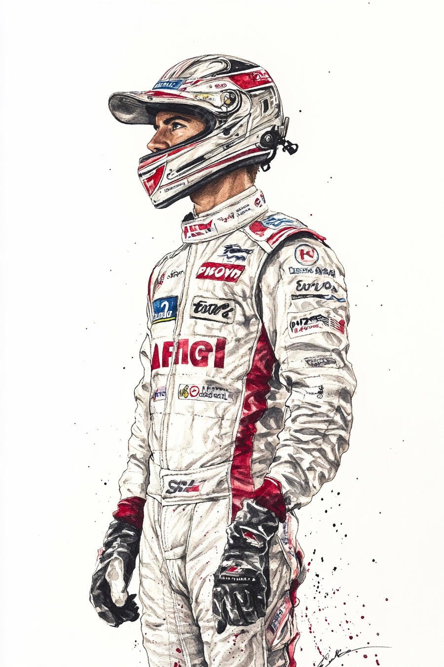 Piloto de corrida caucásico olhando com capacete e macacão branco e vermelho em ilustração