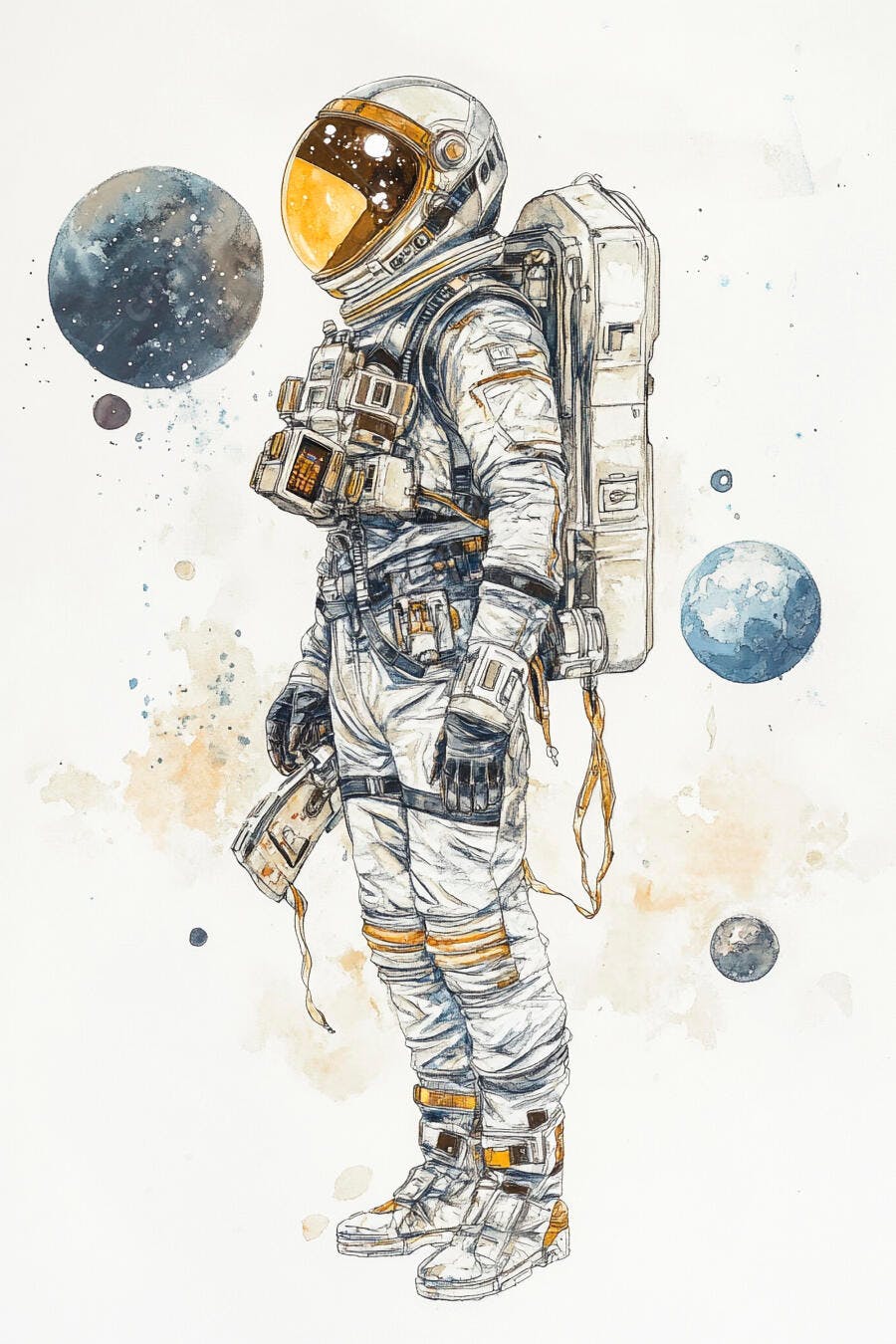 Astronauta em traje espacial branco com planetas em aquarela