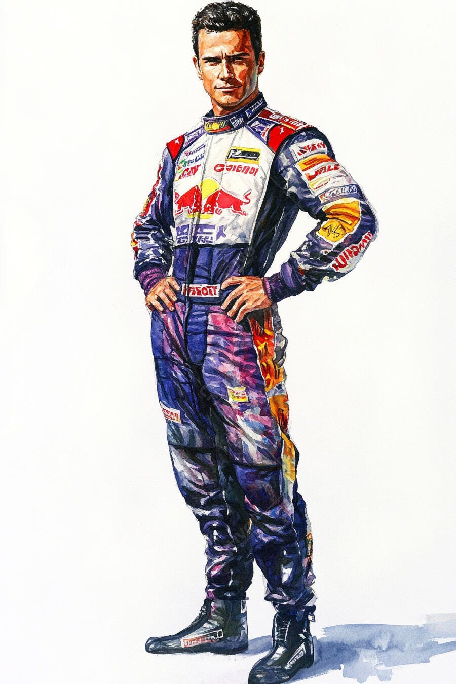 Piloto de Fórmula 1 caucasiano em macacão Red Bull confiante aquarela