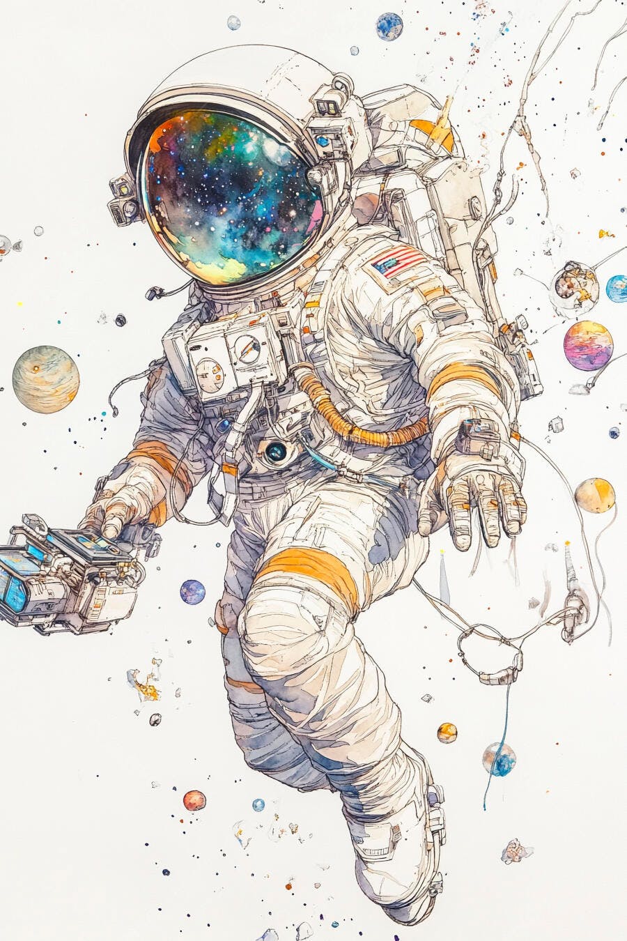 Astronauta em traje branco explorando o espaço com planetas coloridos arte aquarela