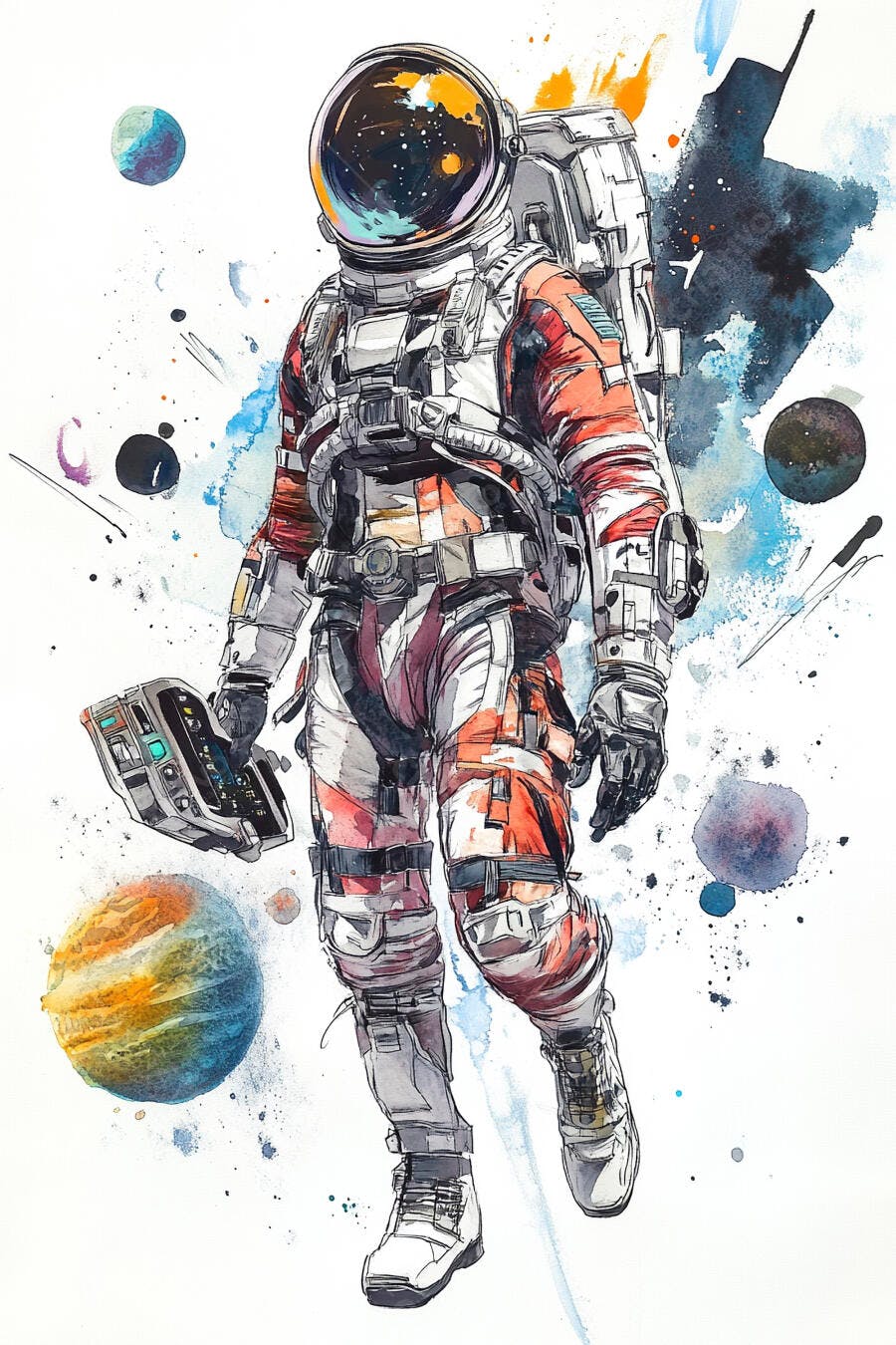 Astronauta em traje espacial laranja flutuando com dispositivo em aquarela cósmica