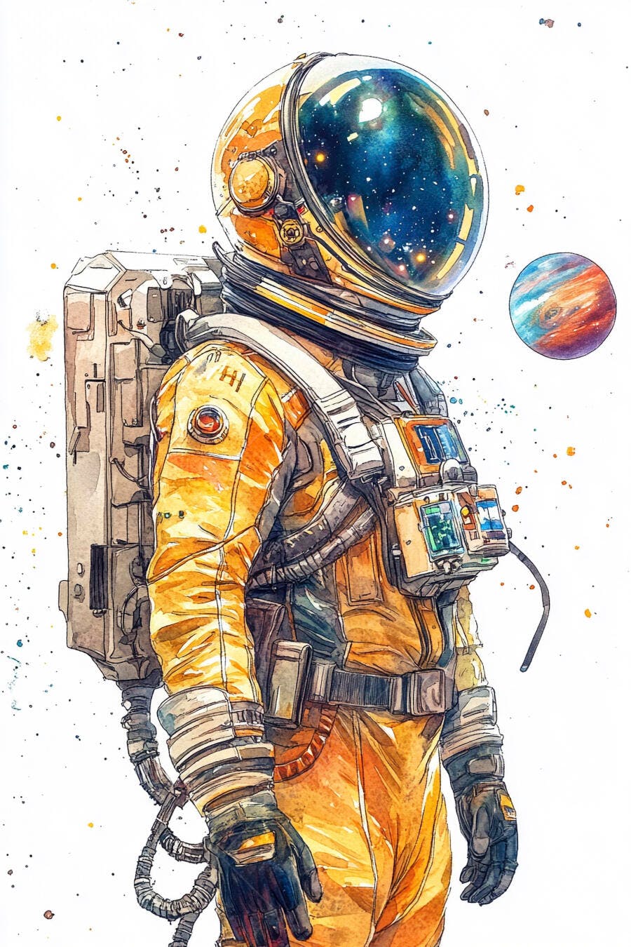 Astronauta em traje espacial amarelo capacete galáxia e planeta aquarela