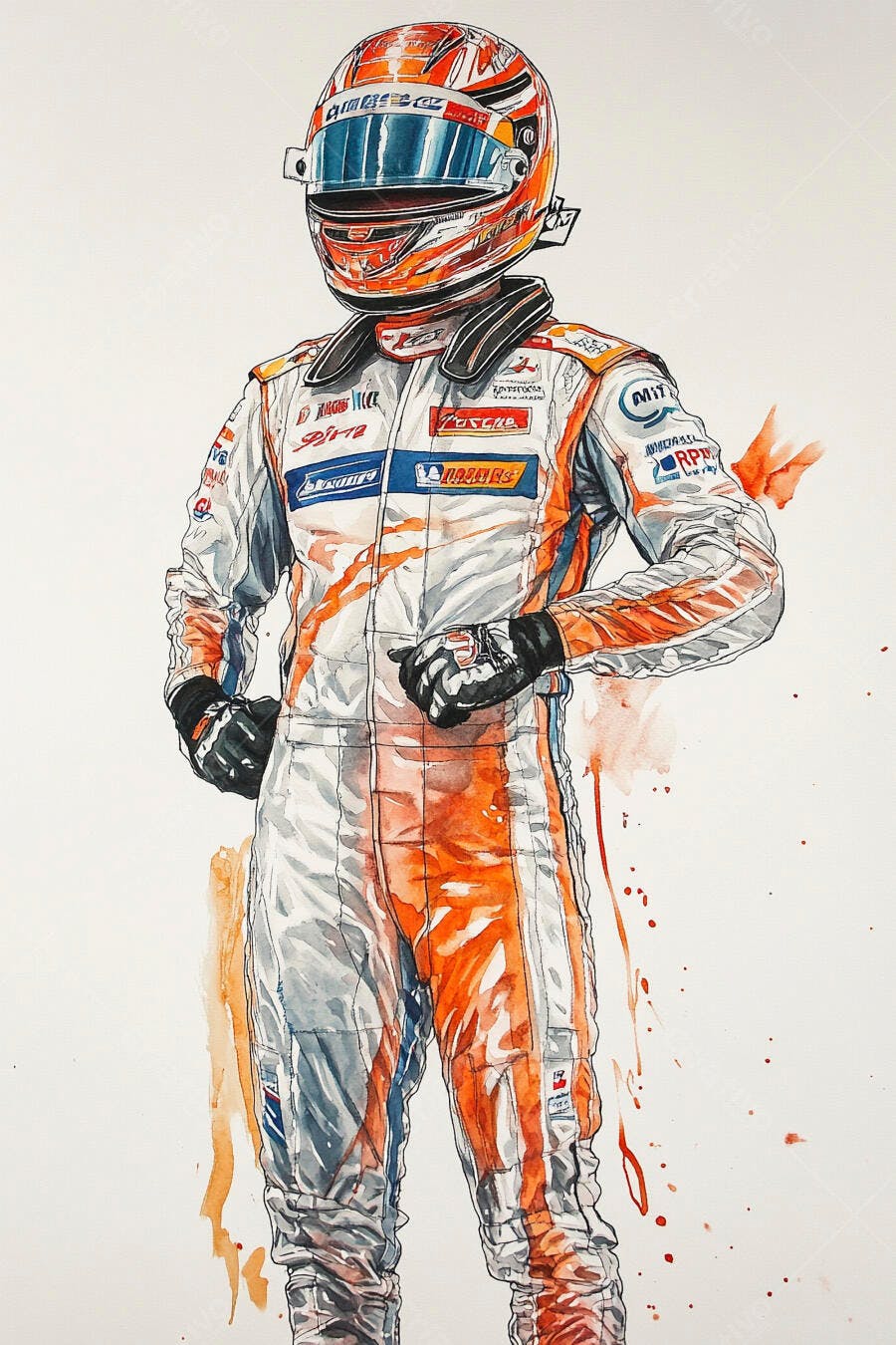 Piloto de corrida em macacão branco e laranja com capacete ilustrado em aquarela