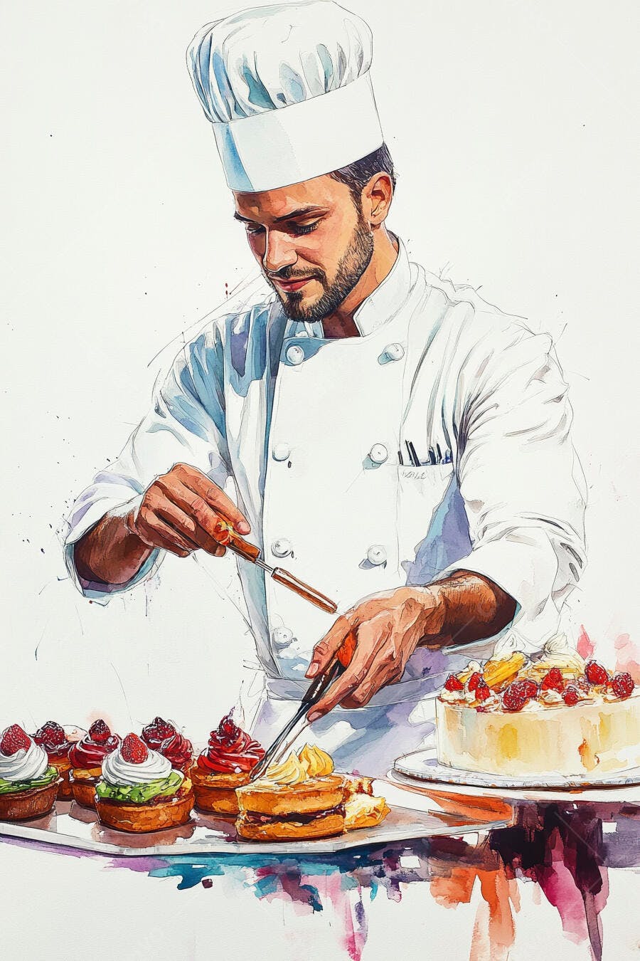 Confeiteiro moreno decorando bolo e cupcakes com frutas vermelhas em aquarela