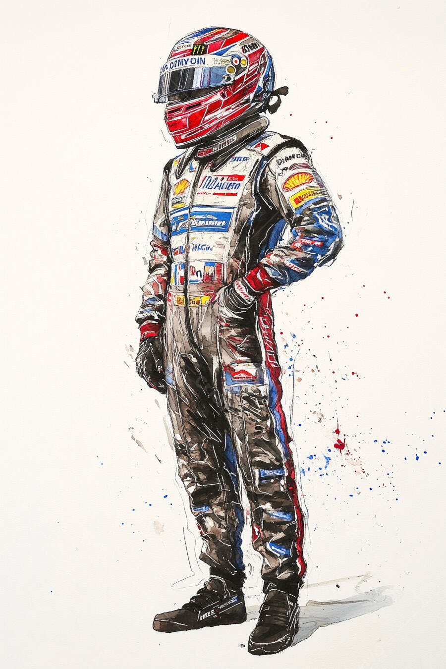Piloto de corrida com uniforme e capacete colorido em aquarela