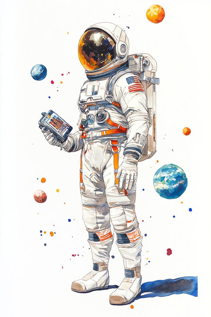 Astronauta em traje espacial branco laranja segurando aparelho entre planetas aquarela flutuantes