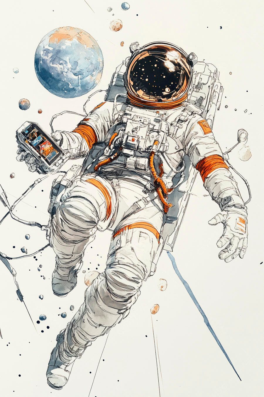 Astronauta branco e laranja flutuando no espaço segurando um smartphone com a Terra ao fundo