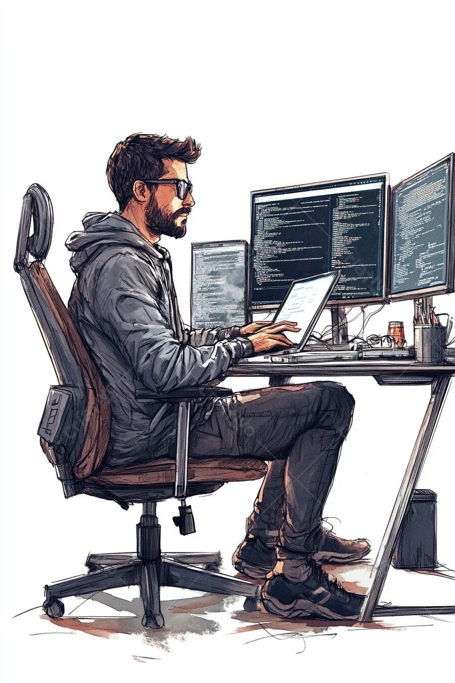 Homem programador barbudo com óculos trabalhando em múltiplos monitores com código