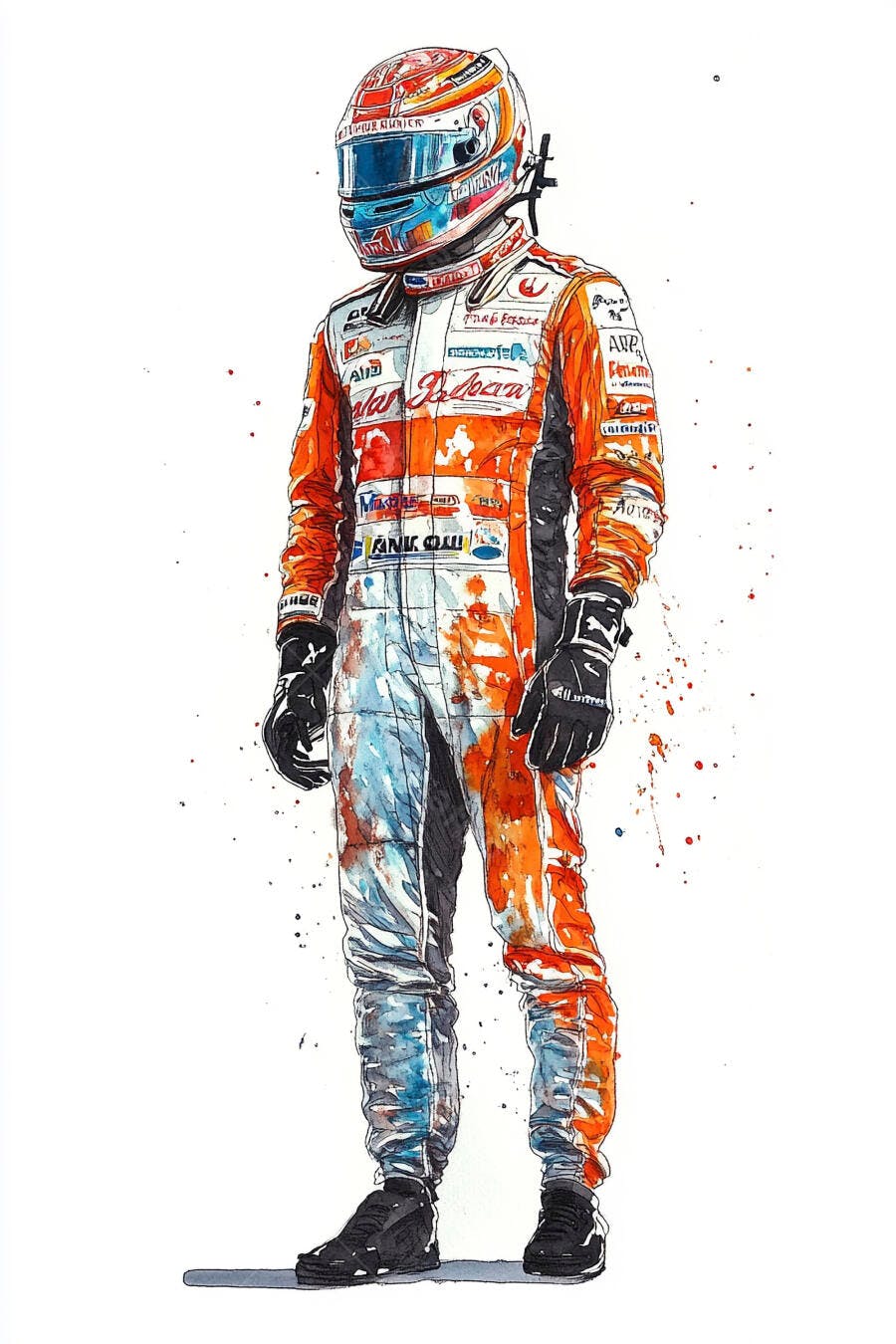 Piloto de corrida em macacão laranja e branco ilustrado em aquarela