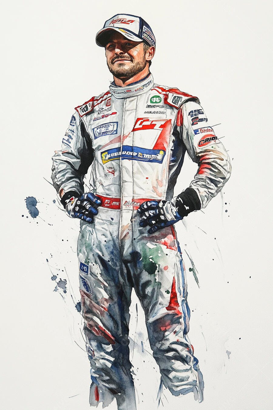Piloto de corrida com barba e boné em macacão branco vermelho e azul arte aquarela