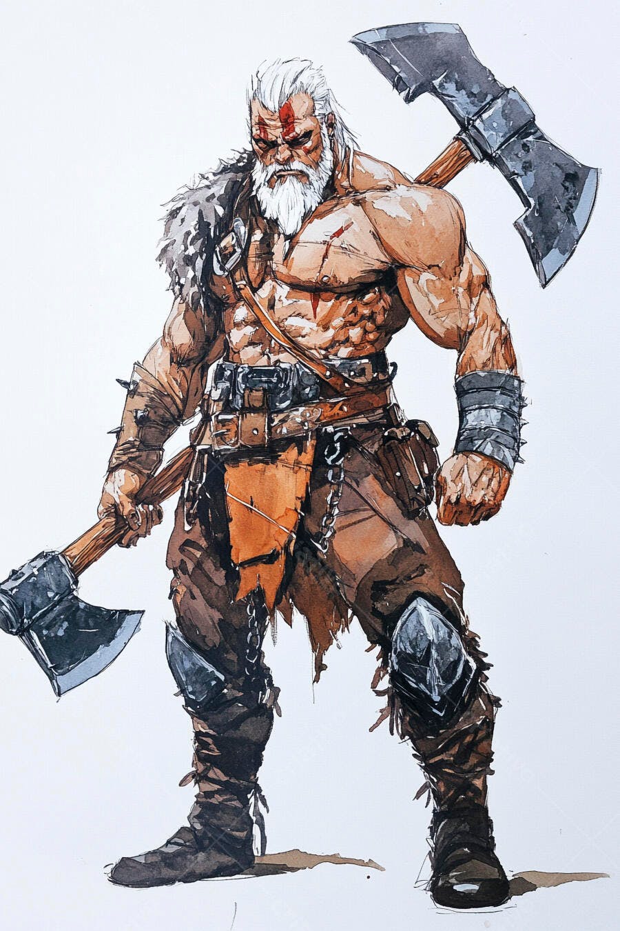 Bárbaro musculoso de barba branca com machados e armadura de couro ilustração