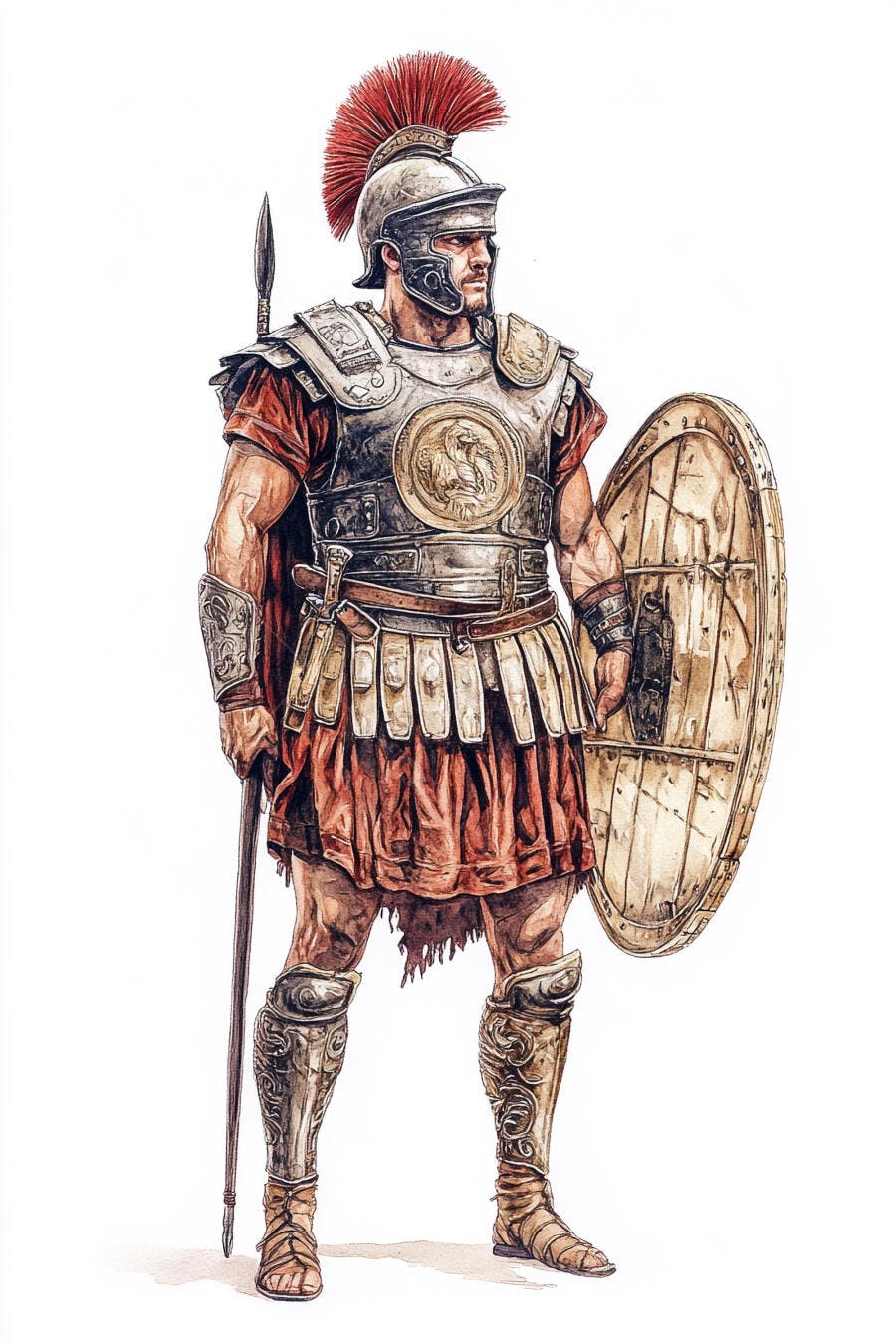 Guerreiro romano em armadura metálica com elmo vermelho lança e escudo