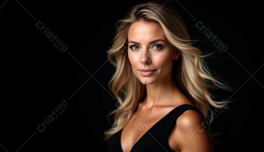 Mulher loira confiante com olhos verdes sorrindo em estúdio minimalista preto