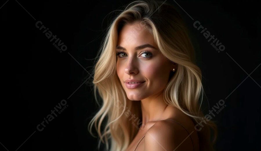 Mulher loira sorrindo em retrato de beleza natural com fundo escuro