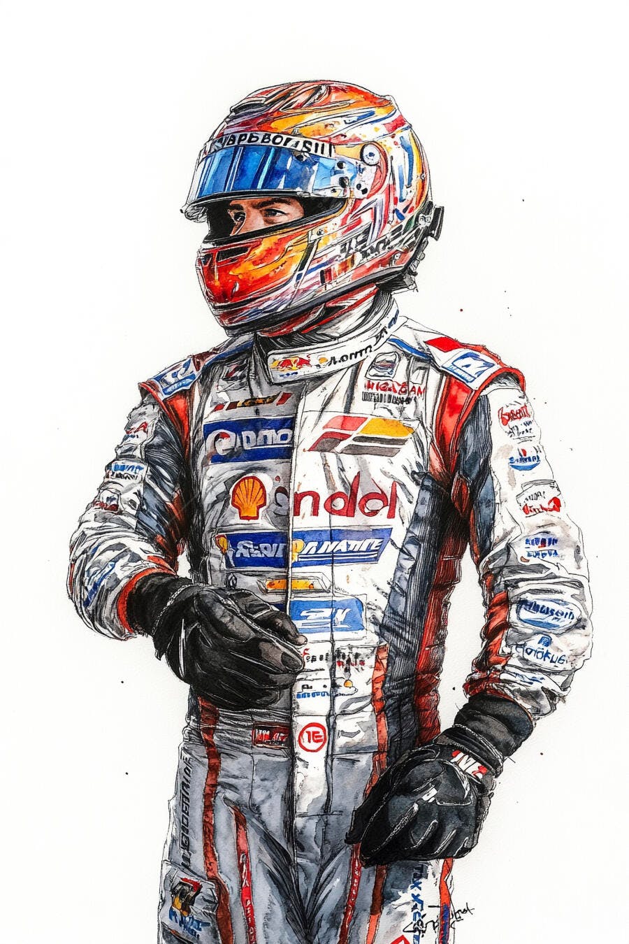 Piloto de corrida com capacete colorido e macacão branco em ilustração detalhada
