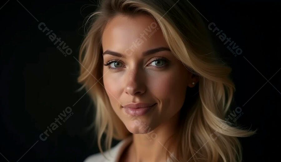 Mulher loira profissional de olhos verdes com sorriso gentil em fundo escuro