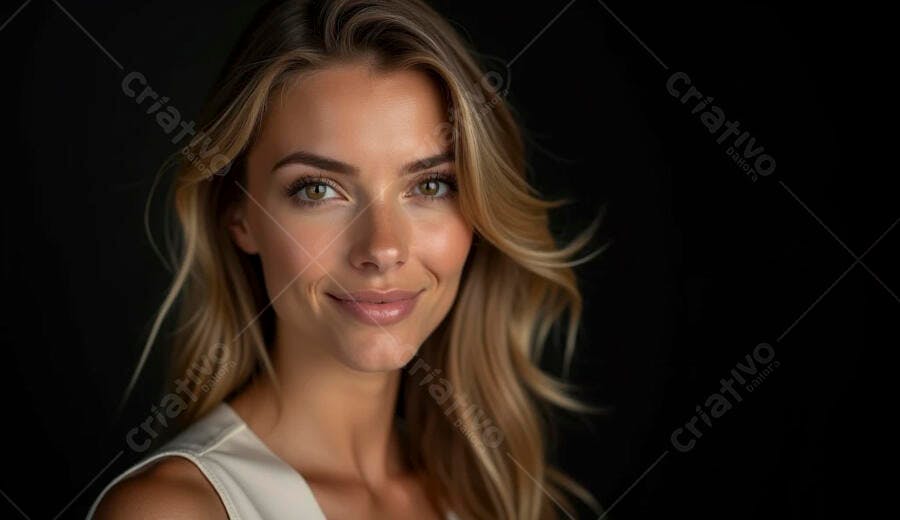 Mulher loira sorrindo com olhos verdes em retrato de estúdio minimalista