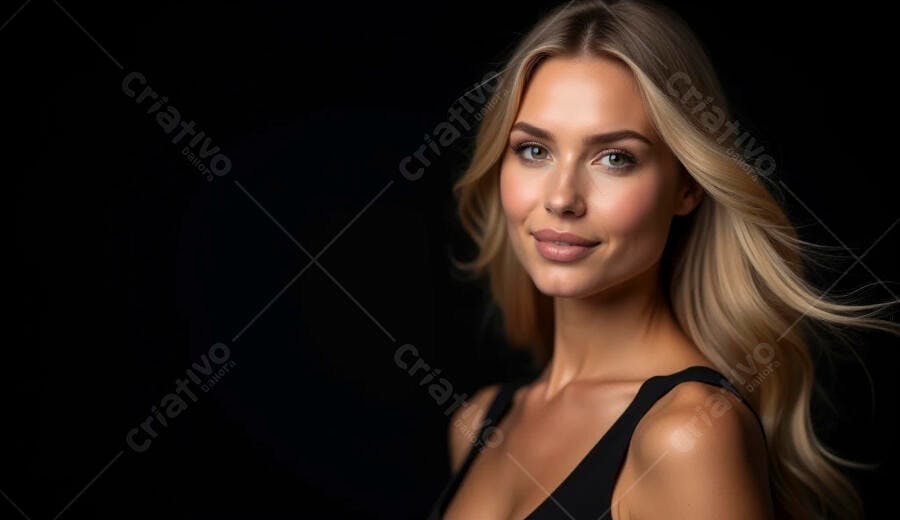 Mulher loira sorrindo com olhos claros em retrato profissional fundo preto