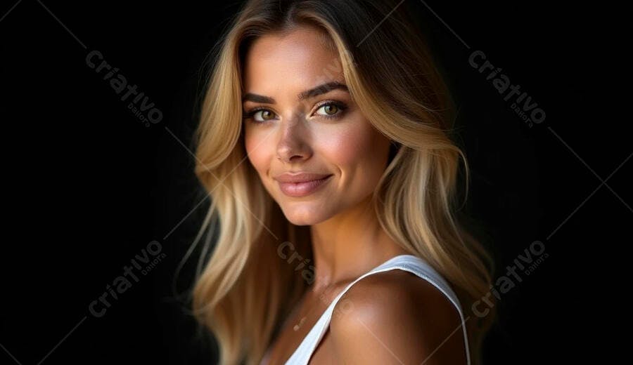 Mulher loira sorrindo com olhos verdes retrato beleza natural