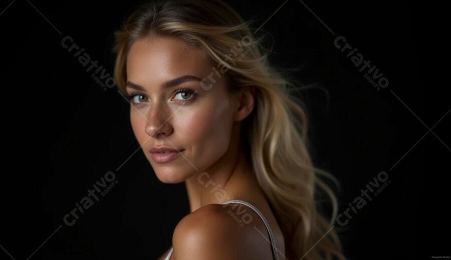 Mulher loira de olhos verdes e pele bronzeada em retrato elegante