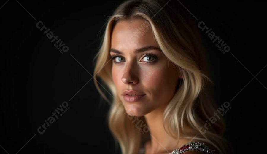 Mulher loira bonita olhos verdes olhar confiante fundo preto estúdio