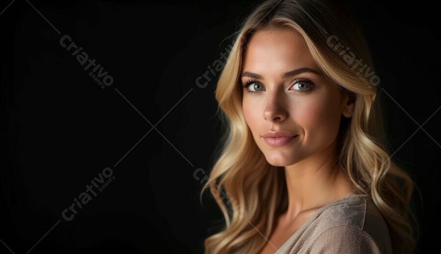 Mulher loira de olhos verdes sorrindo suavemente em estúdio com fundo escuro