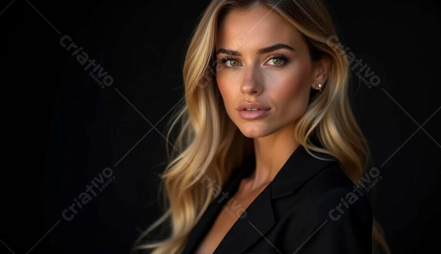 Mulher loira profissional em blazer preto com olhos verdes retrato de estúdio
