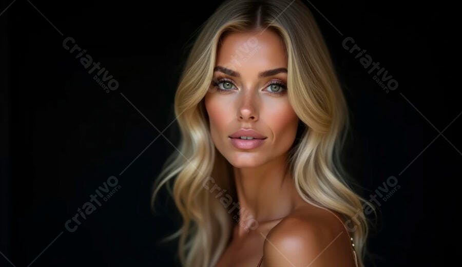 Mulher loira jovem com olhos verdes e pele bronzeada em retrato elegante