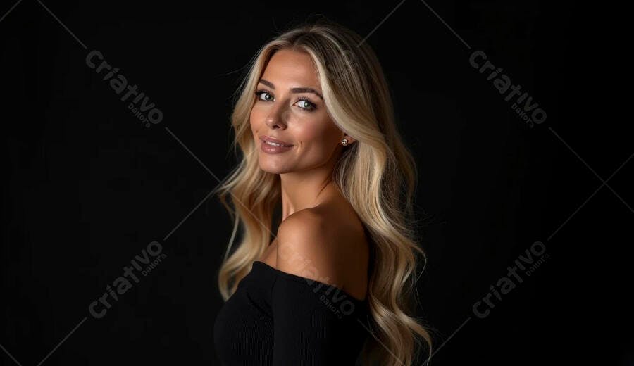 Mulher loira sorrindo com ombros à mostra em estúdio preto
