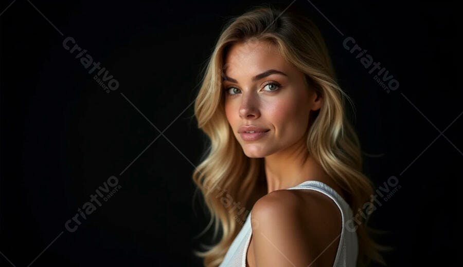 Mulher loira sorrindo com olhos verdes em fundo escuro
