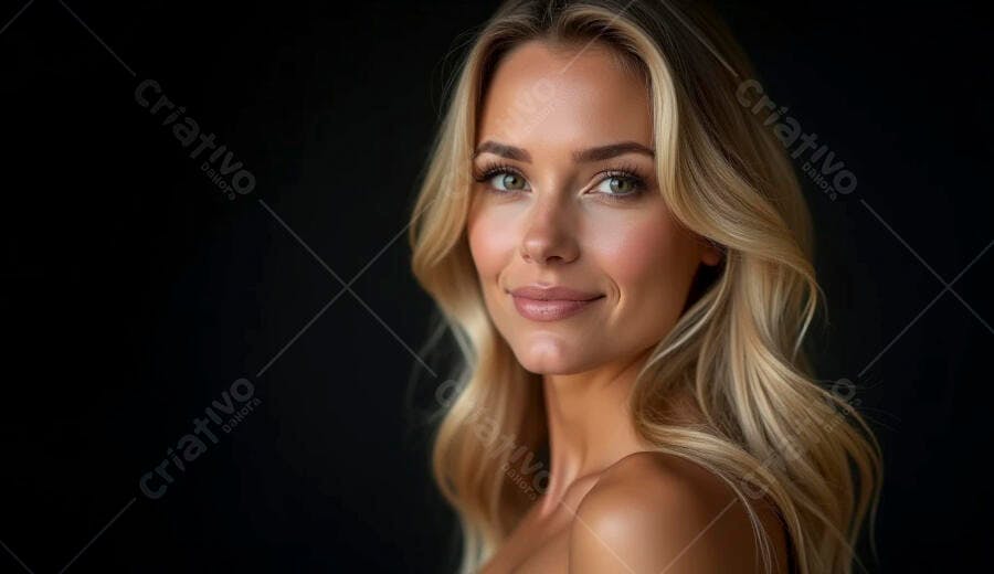 Mulher loira de olhos verdes sorrindo em retrato de estúdio escuro