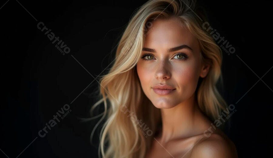 Mulher loira de olhos verdes sorrindo confiante em fundo escuro