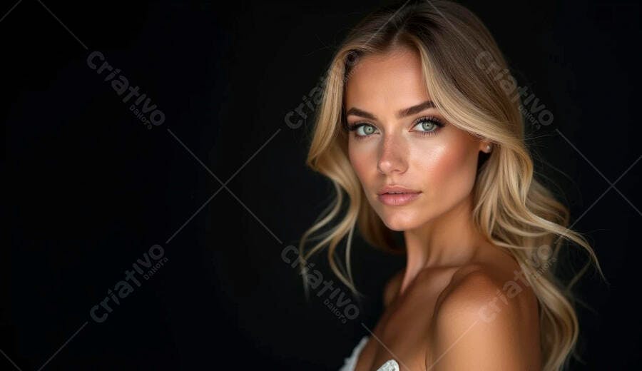Mulher loira de olhos verdes em retrato de beleza e confiança com fundo escuro