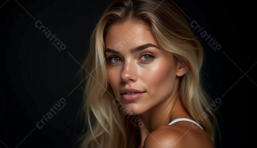 Mulher loira olhos verdes pele bronzeada em retrato natural sorrindo