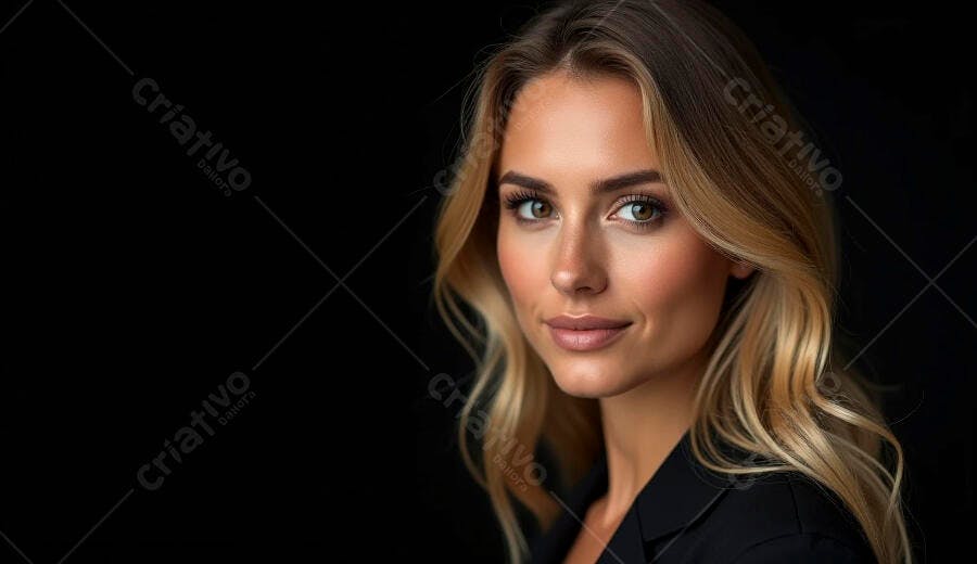 Mulher loira sorrindo em retrato profissional com fundo escuro