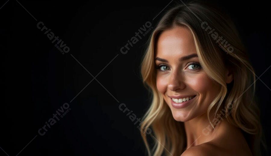 Mulher loira feliz com cabelo ondulado e olhos verdes em estúdio