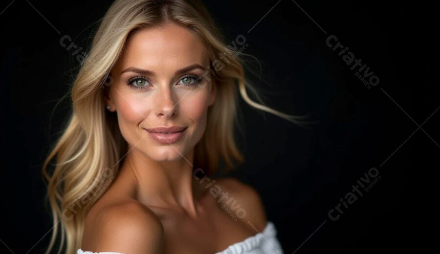Mulher loira de olhos verdes sorrindo com maquiagem natural em fundo preto