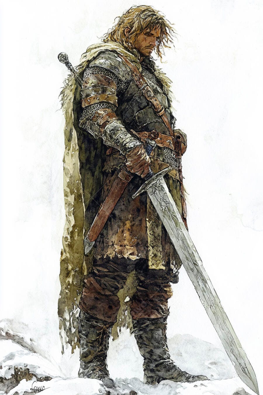 Guerreiro medieval de armadura com espada em paisagem nevada