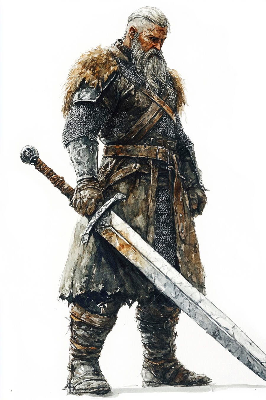Guerreiro viking barbudo com barba branca segurando espada grande